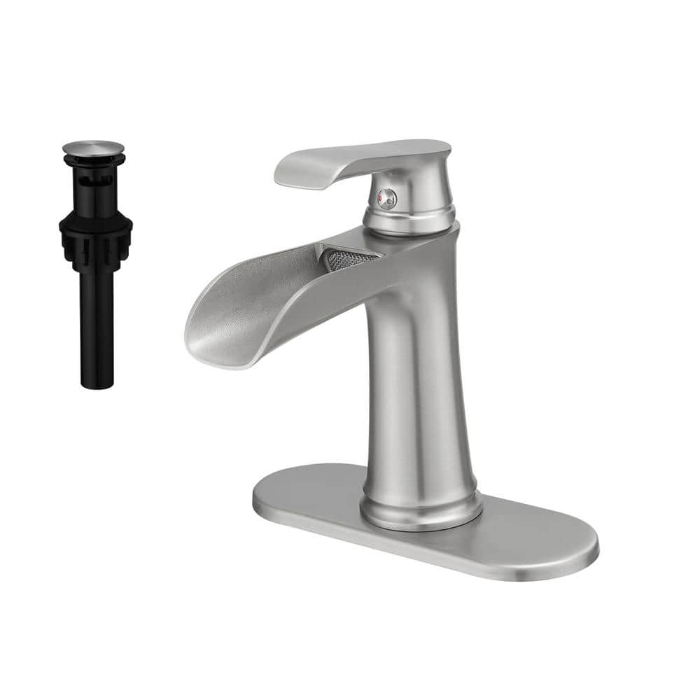 Brushed Nickel Single Handle Waterfall Bathroom Faucet with Pop-Up Drain