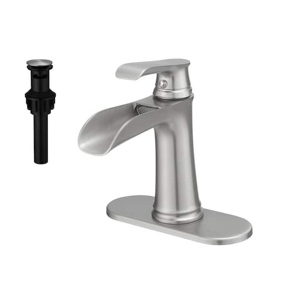 FLG Single Handle Single Hole Bathroom Faucet with Pop-Up Drain Kit Brass Waterfall Sink Vanity Faucets in Brushed Nickel