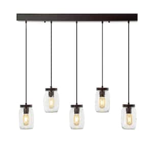 Gaines 33.25 in. 5-Light Farmhouse Industrial Iron Mason Jar Linear LED Pendant, Oil Rubbed Bronze/Clear