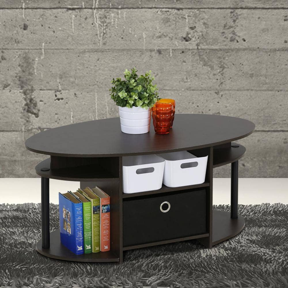 Walnut Oval Coffee Table with Storage Bin and Shelves