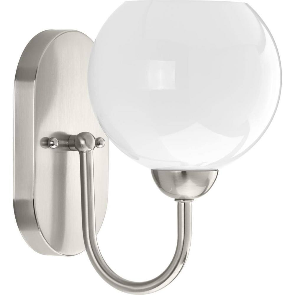 Carisa Brushed Nickel 1-Light Bath Wall Sconce with White Glass Shade