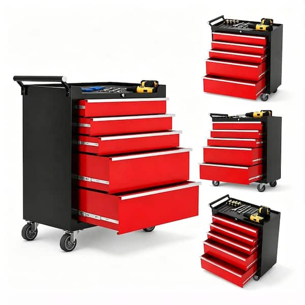 5-Drawer Rolling Tool Chest with Drawers & Lock, 24" Compartment Tool Box Cart with Lockable Wheels & Drawer Liners