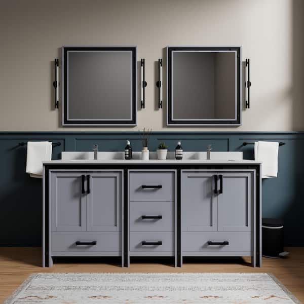 Lexora Ziva 72 in W x 22 in D Dark Grey Double Bath Vanity, White Quartz Top, Faucet Set and 30 in Mirrors