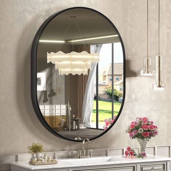 30 in. W x 40 in. H Oval Aluminum Alloy Framed and Tempered Glass Wall Decor Bathroom Vanity Mirror in Matte Black
