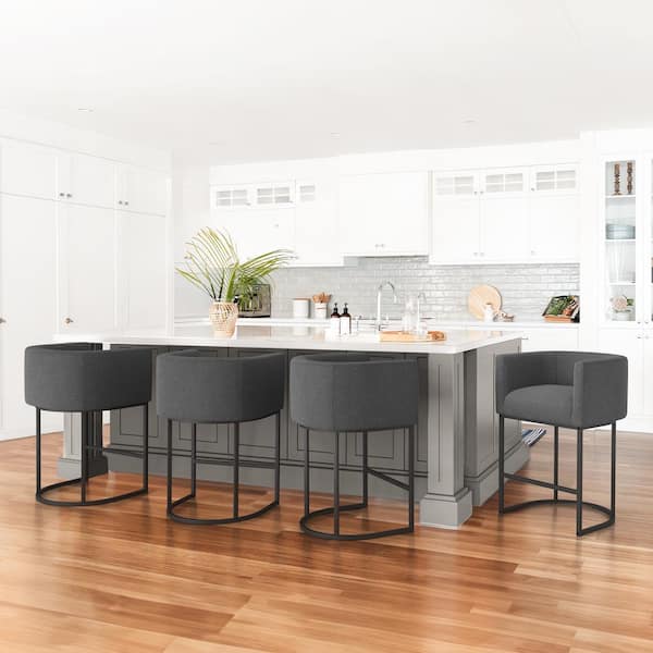 LUE BONA Jessica 26 in.Dark Gray Modern Counter Bar Stool Fabric Upholstered Barrel Counter Stool with Metal Frame Set of 4
