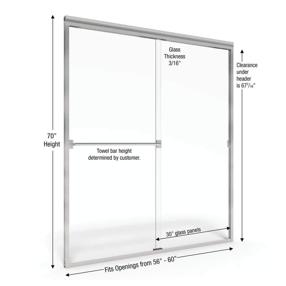 Classic Brushed Nickel 60" Semi-Frameless Sliding Shower Door with Clear Glass