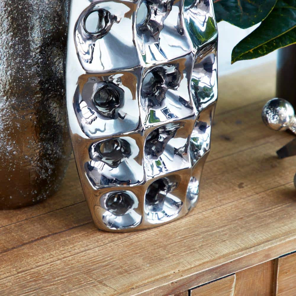 Sleek Silver Ceramic Table Vase with Geometric Cut-Outs 8" x 14"