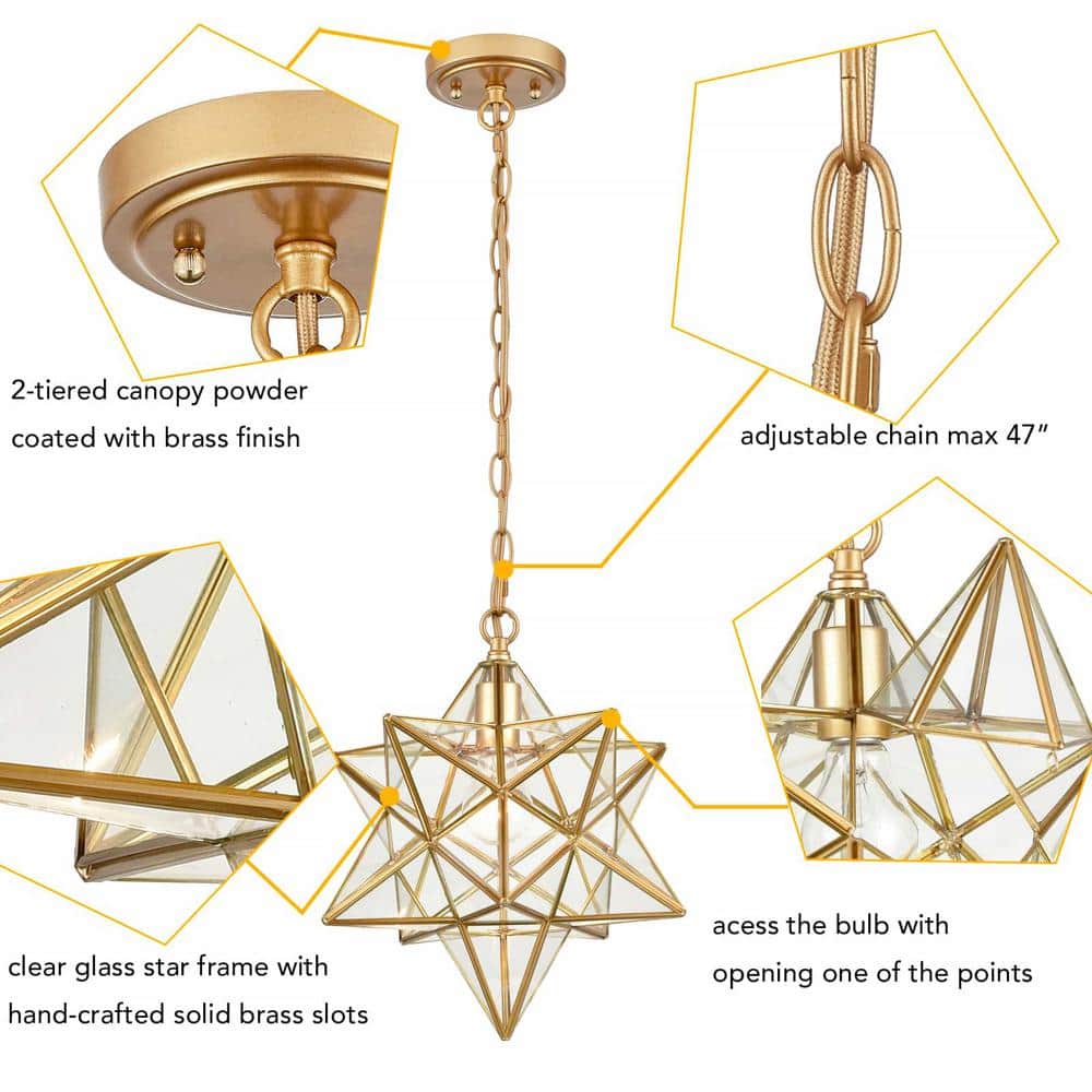 Geometric Brass Star Pendant Light with Clear Glass Shade