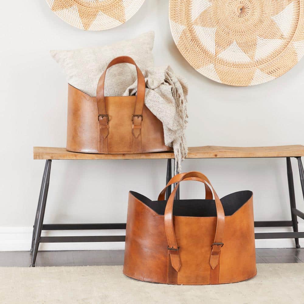 Handmade Dark Brown Leather Freestanding Magazine Holder Set