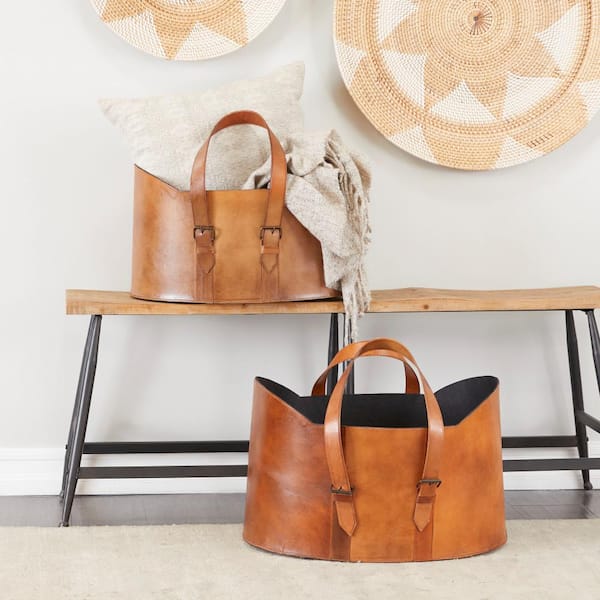 Litton Lane Brown Handmade Box Style Standing Magazine Holder with Detail Stitching and Curved Handles (Set of 2)