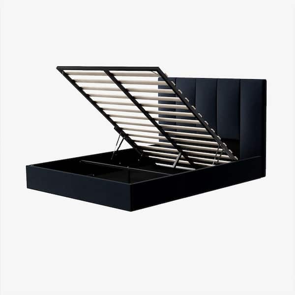 Black Plywood Frame Queen Size Linen Upholstered Platform Bed with Lifting Storage