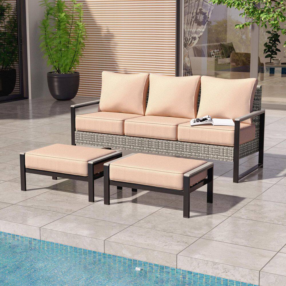3 Pieces Patio Conversation Set Sofa with Ottomans All-Weather PE Rattan Gray Wicker with Sand Cushion price history on PriceWatchPro