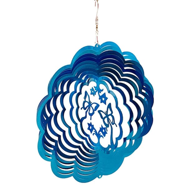 Dundee Deco Falkirk Wind 12 in. Stainless Steel Wind Spinner Mandala Butterflies in Blue