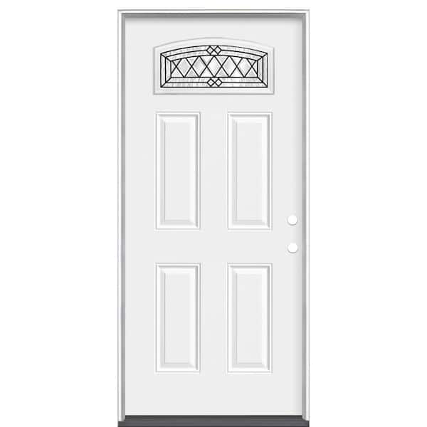 Masonite 36 in. x 80 in. Halifax Camber Fan-Lite Left Hand Inswing Primed Steel Prehung Front Exterior Door with No Brickmold