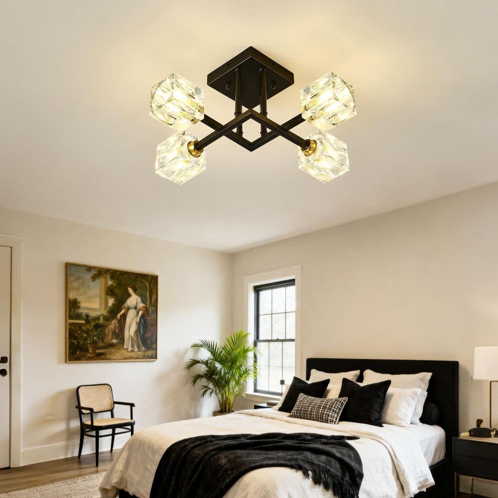 16.97 in.4-Light Modern Matte Black Semi Flush Mount Ceiling Light with Crystal Shade for Bedroom Dining Room Hallway price history on PriceWatchPro