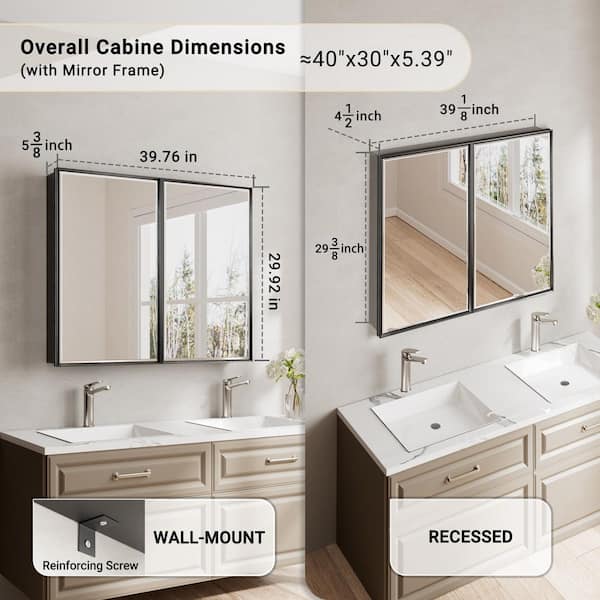 Musey 40 in W x 30 in H Black Rectangular Aluminum Medicine Cabinet with Beveled Mirror and Shelves, Recessed or Surface