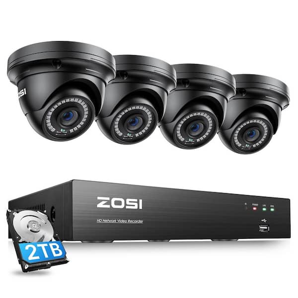 ZOSI 8-Channel 5MP POE 2TB NVR Security Camera System with 4-Wired Outdoor Black Dome Cameras, Person/Vehicle Detection