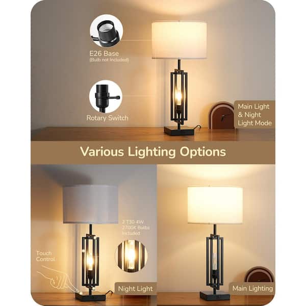 25.6 in. Black Base Table Modern Lamp Set with Dimmable Touch Control Night Light, USB Ports and Beige Shade (Set of 2)