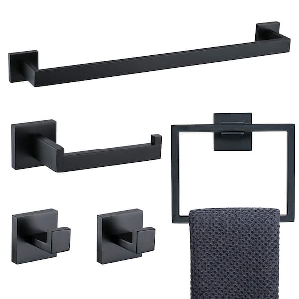 Unbranded 5-Piece Bathroom Hardware Accessories Set Towel Bar Set Wall Mounted Stainless Steel in Black