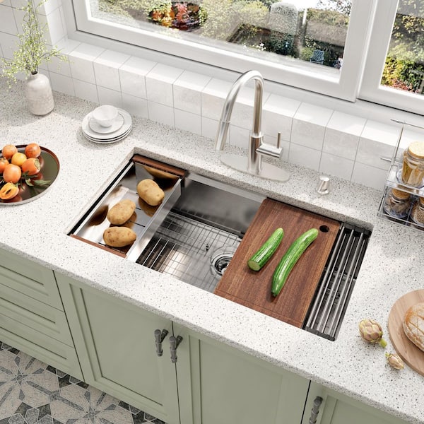 36 in. Drop in Single Bowl 18-Gauge Brushed Nickel Stainless Steel Kitchen Sink with Brushed Nickel Kitchen Faucet