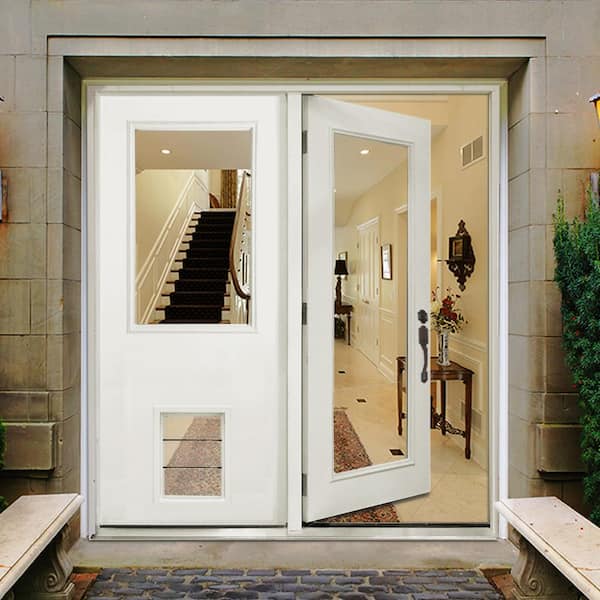 Steves Sons 72 In X 80 Clear Lite Primed White Fiberglass Prehung Left Hand Inswing Center Hinge Patio Door With Xl Pet Fgchp Flxp Pr R72 4ilh The Home Depot Steves Sons 72 In X 80 Clear, Sliding Glass Dog Door Home Depot