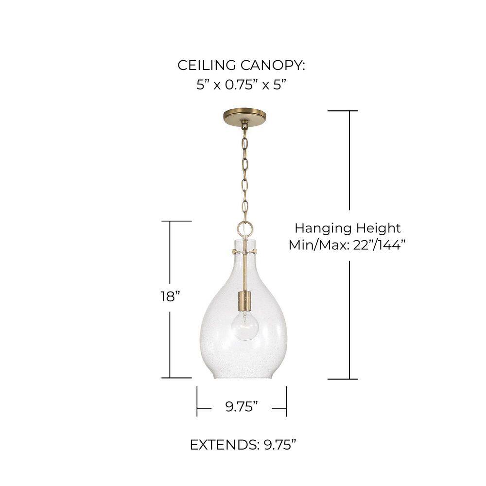 Aged Brass Teardrop Pendant Light with Seeded Glass Shade