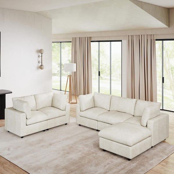 6-Piece Modular Beige Chenille Fabric Pine Wood Cloud Sectional Sofa Living Room Set with Removable Covers and Ottoman