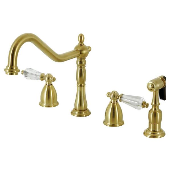 Kingston Brass Wilshire 2-Handle Deck Mount Widespread Kitchen Faucets with Brass Sprayer in Brushed Brass