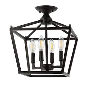 Plains Mini Lantern 12 in. 4-Light Oil Rubbed Bronze Iron Modern Farmhouse LED Flush Mount