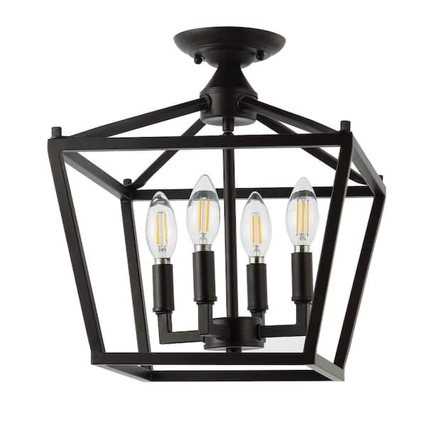 Plains Mini Lantern 12 in. 4-Light Oil Rubbed Bronze Iron Modern Farmhouse LED Flush Mount