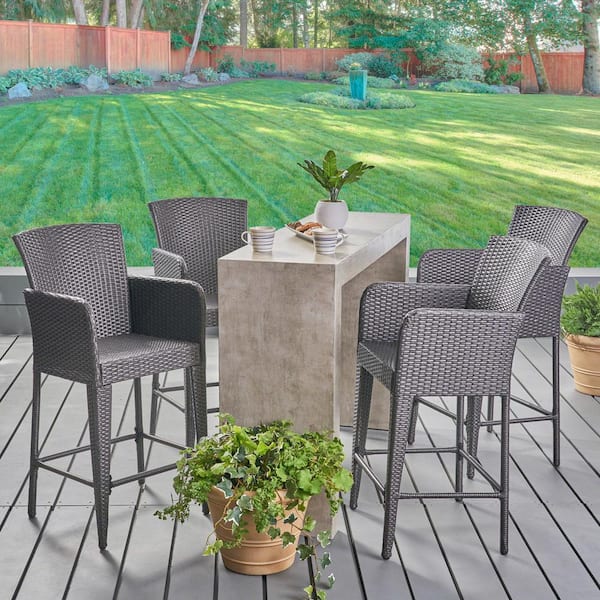 Noble House Anaya Gray Faux Rattan Patio Outdoor Bar Stools (4-Pack)