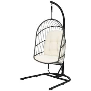 Wicker Hanging Patio Swing Egg Chair with Stand and Cushion
