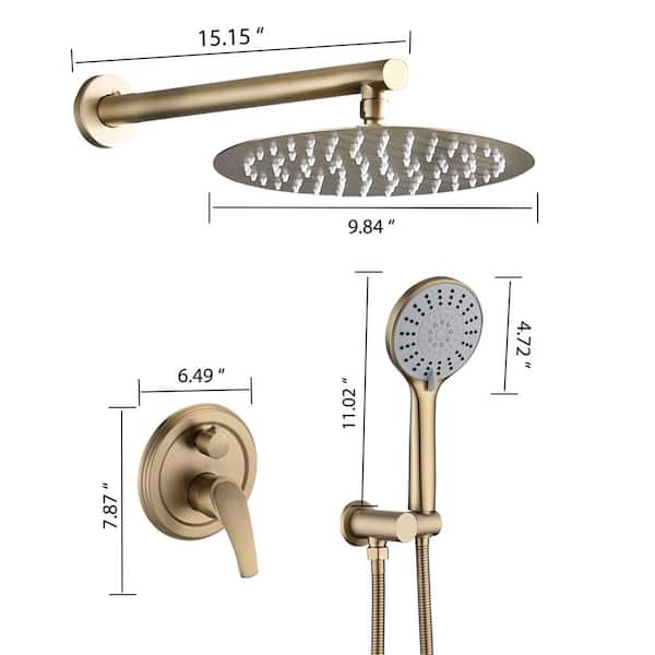 5-Spray Settings 10 in. Wall Mounted Fixed and Handheld Shower Head in Brushed Gold