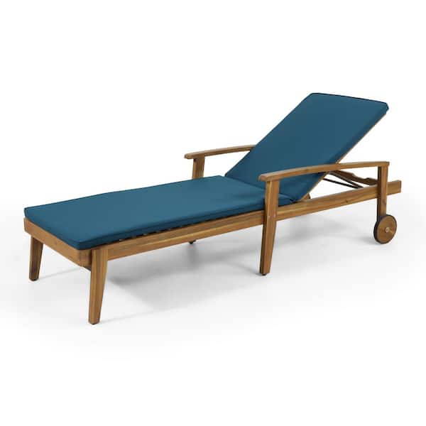 Sudzendf Wood Outdoor Chaise Lounge with Blue Cushion