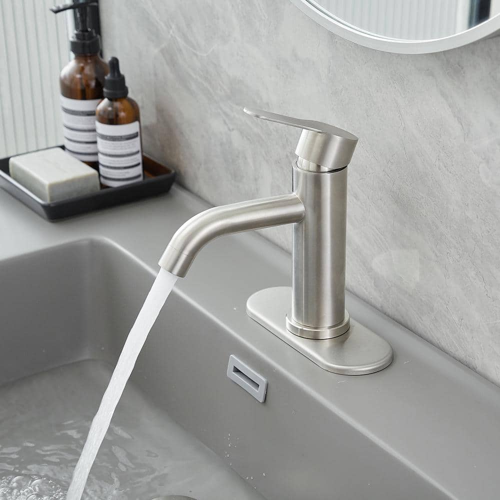 Brushed Nickel Single-Handle Bathroom Faucet with Deck Plate