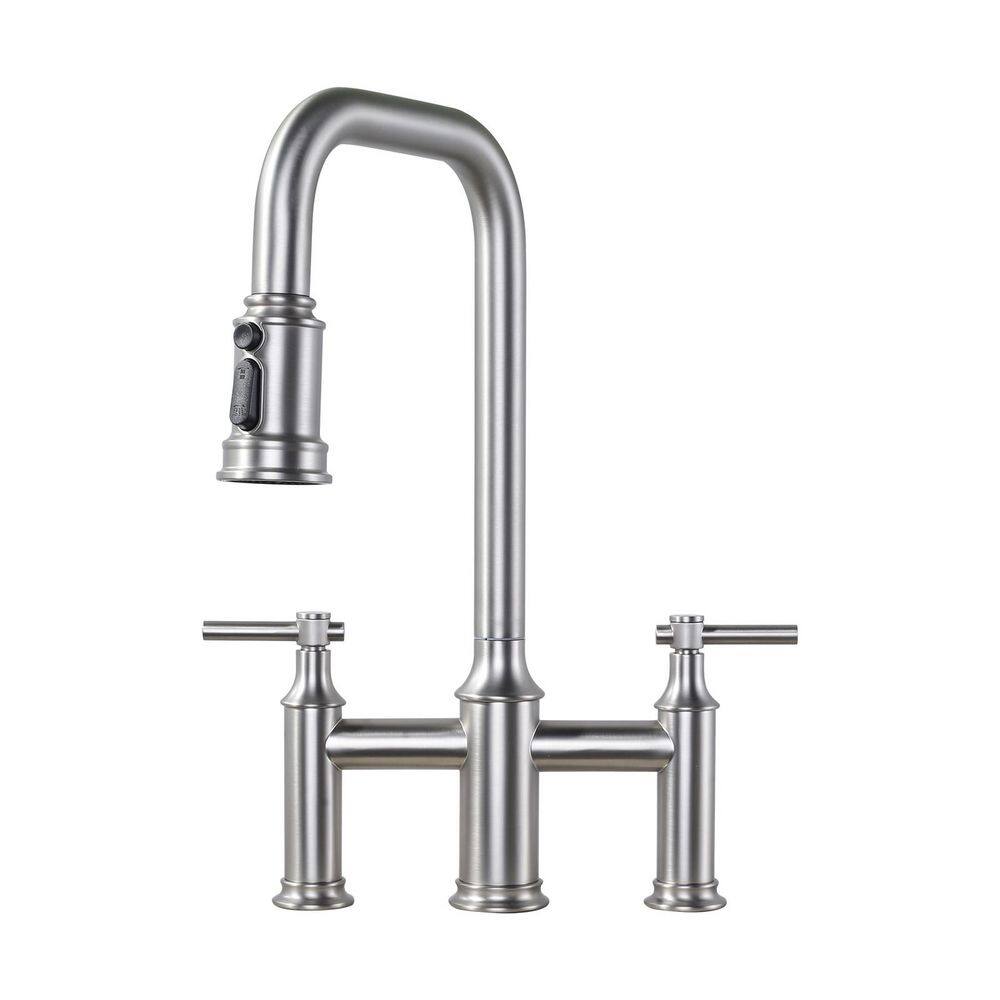 3-Holes Double Handle Brass Bridge Kitchen Faucet with 3-Modes Pull-Down Sprayer and High Arc Spout in Brushed Nickel price history on PriceWatchPro