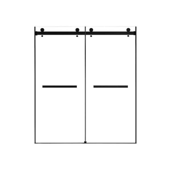 60 in. W x 74 in. H Frameless Double Sliding Shower Door in Matte Black with 8mm Easy Clear Tempered Glass