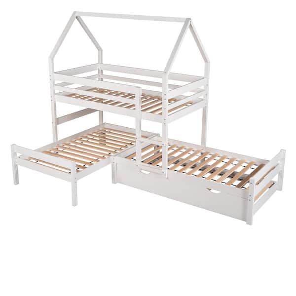 aisword White Triple Bed Twin Over Twin Over Twin Triple Bed Bunk Bed with Trundle, Wooden House Bed with Twin Size Trundle