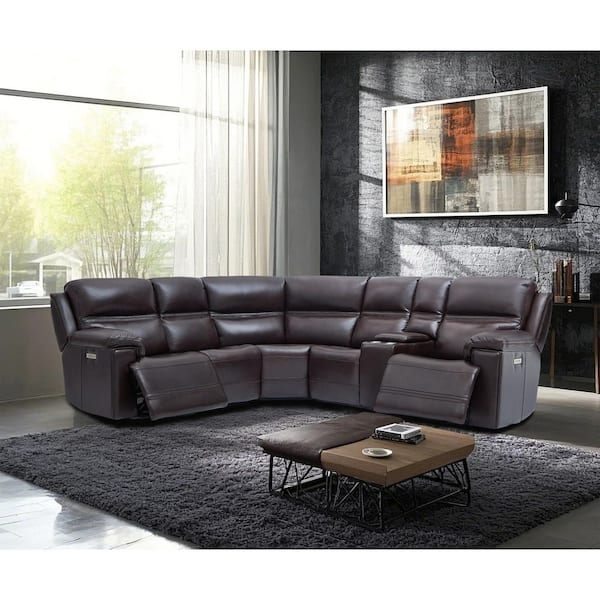 Van 108 in 5-Seaters Genuine Leather Dual Power Sectional Sofa with Console, USB Ports in. DarkBrown