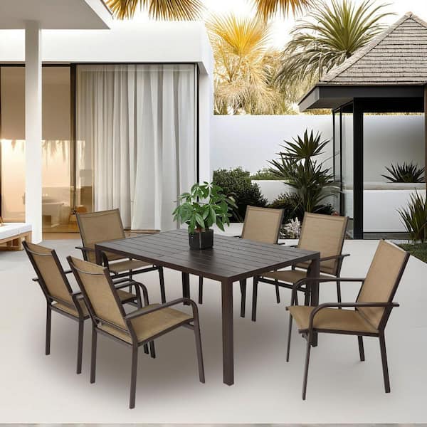 7 Pieces Outdoor Brown Furniture Table and 6 Textilene Chairs