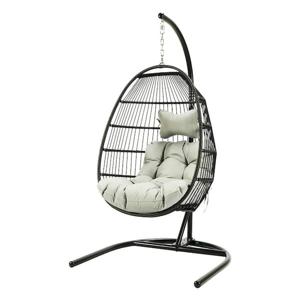 Maincraft 43.3 in. Black Iron Collapsible Patio Swing Chair with Beige Cushions