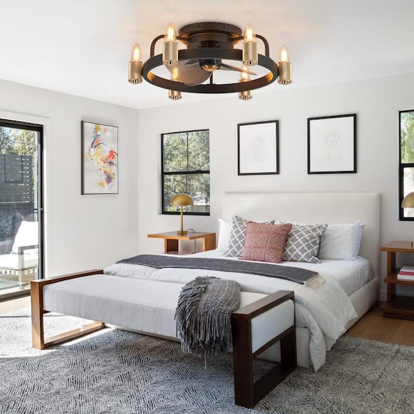 20 in. Gold Flush Mount Caged Ceiling Fan with Lights and Remote Farmhouse Low Profile Ceiling Fan for Bedroom