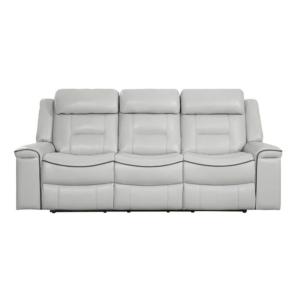 Modern Light Gray Faux Leather 88.5" Reclining Sofa with Wood Accents