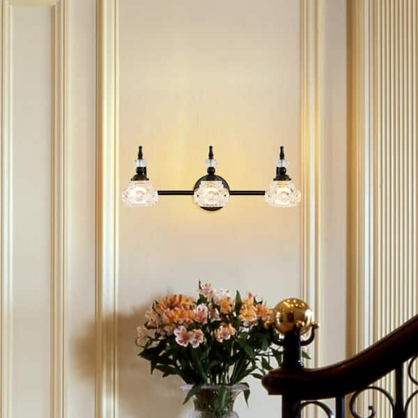 3-Light Vintage Bathroom Vanity Light Fixture Bathroom Lighting Antique Brass Black Finish with Crystal Glass Shade