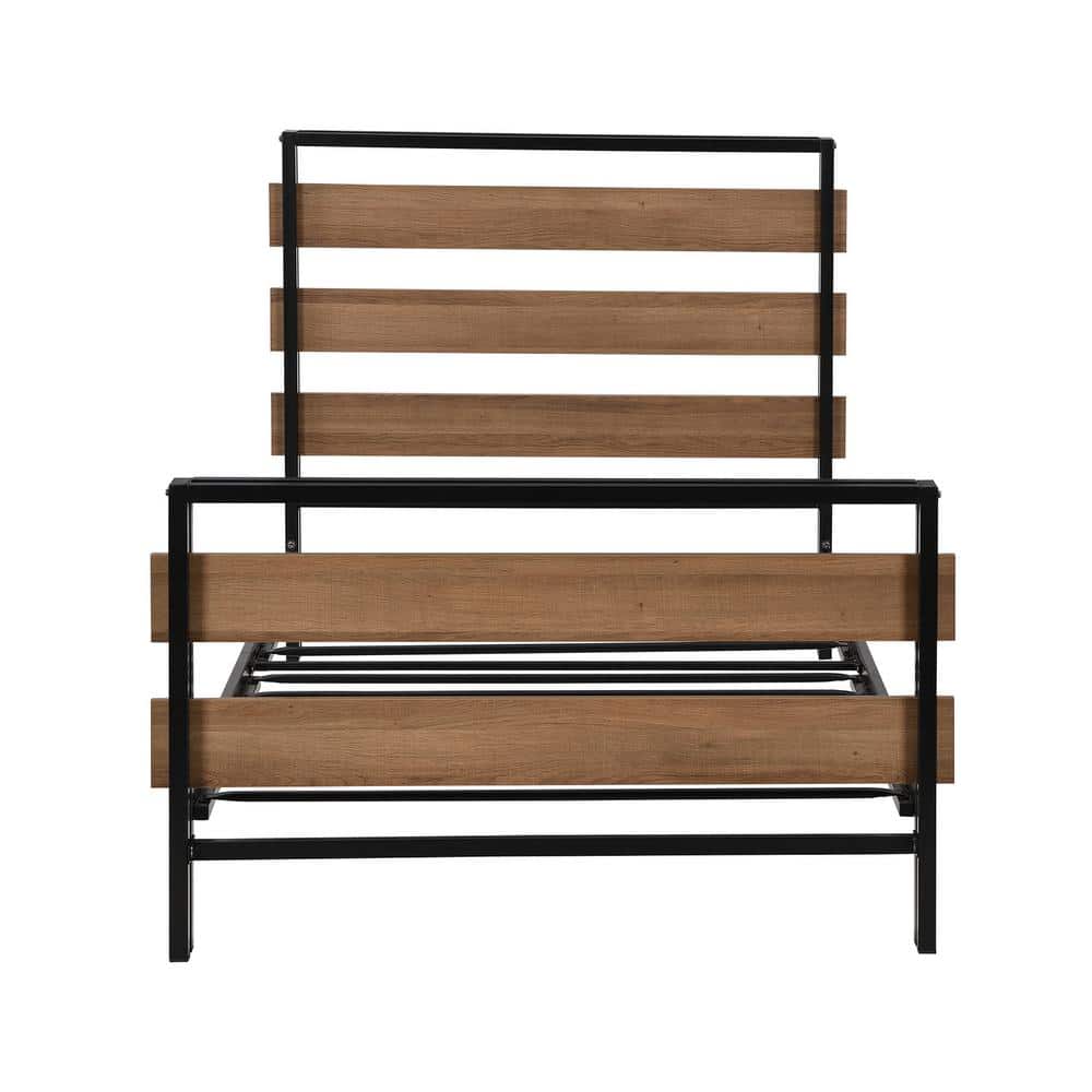 Black Twin Size Platform Bed Frame with Wooden Headboard and Metal Slats