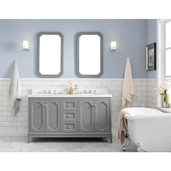Water Creation Queen 60 in. Cashmere Grey With Quartz Carrara Vanity Top With Ceramics White Basins and Mirror