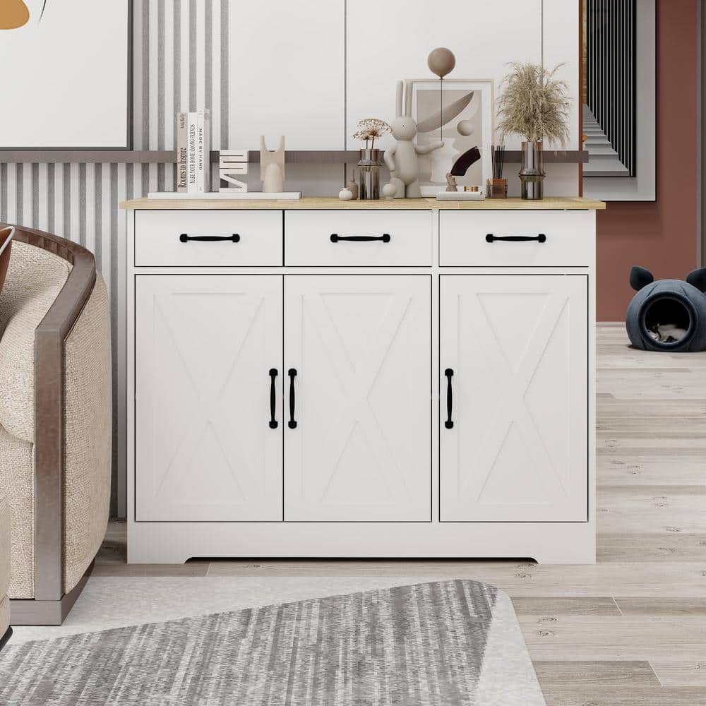 White Wood 42.72 in. Sideboard with X-panel Design Doors