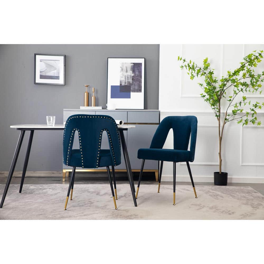 Modern Blue Velvet Upholstered Dining Chair with Nailheads and Metal Legs (