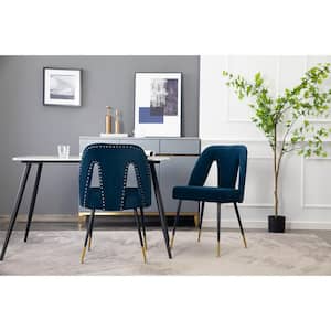 Modern Blue Velvet Upholstered Dining Chair with Nailheads and Metal Legs (Set of 2)