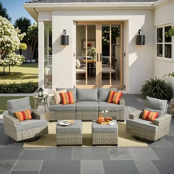 Caodoc Silvae Gray 8-Piece Wicker Outdoor Sectional Set Patio Conversation Sets with Rocking Chair & Dark Gray Cushion &Ottoman